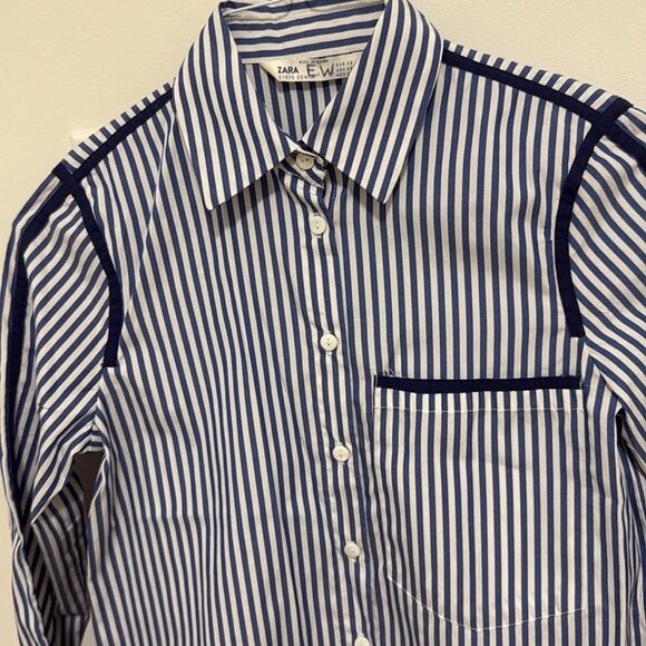 Zara Woman’s Long Sleeve Blouse in Blue & White Stripe. Size XS Oversized. - Picture 3 of 6